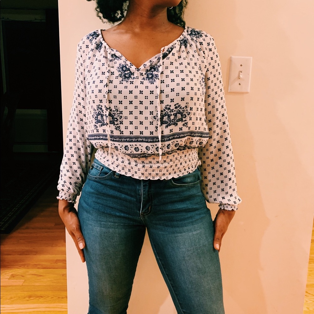 Navy Blue & White Blouse